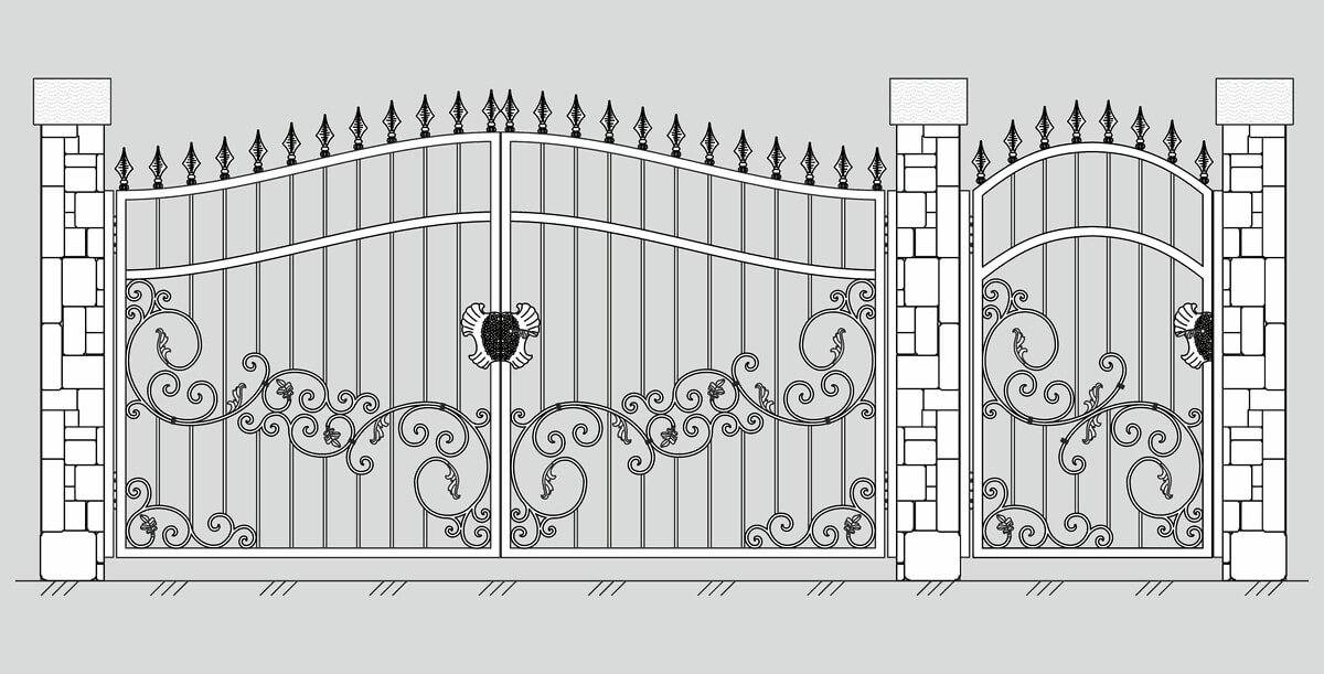 Ворота из металлопрофиля с элементами ковки: калитка кованная с профнастилом фото