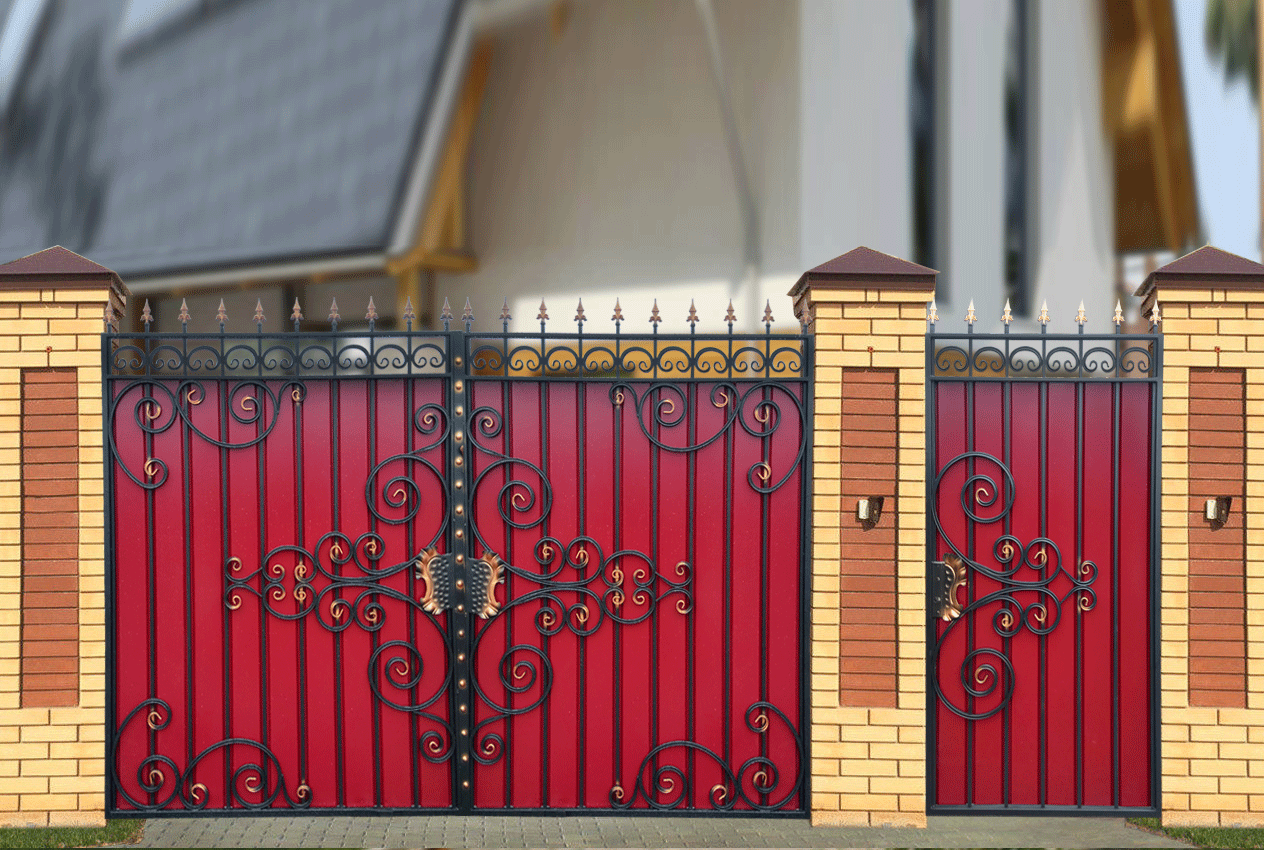 Ворота из профнастила (профлиста) с элементами ковки: фото кованых калиток