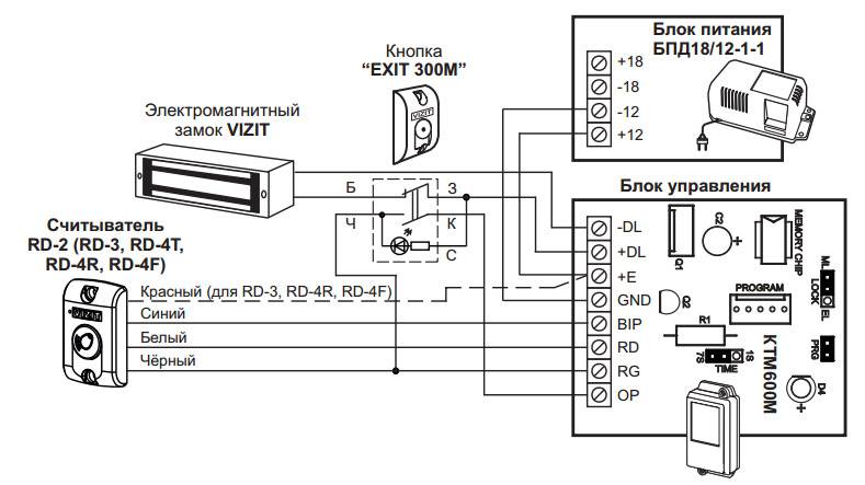 Схема подключения видеодомофона, вызывной панели и электромеханического замка.
